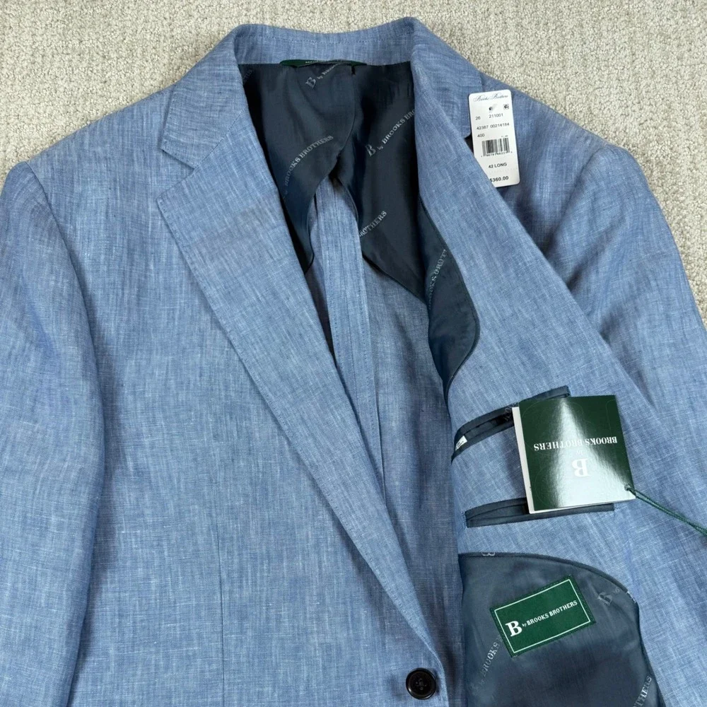 NEW Brooks Brothers Mens 42L Blue 100% Linen Two Button Sport Coat Blazer
